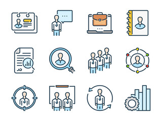 Poster - human resources and job interview related vector line color icons. head hunting and job offer outlin