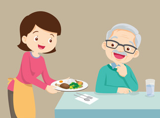 Wall Mural - mother serving food to elderly man