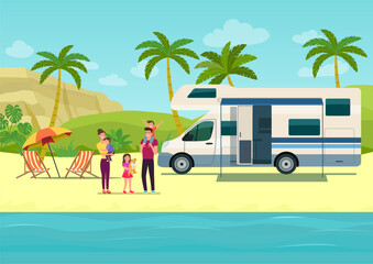 Campervan mobile home with open door and awning together with a vacationing family. Vector flat style illustration.