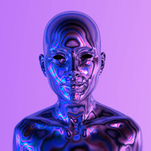 Robot Or Artificial Human Made Of Iridescent Plastic Material In Neon Lights. 3d Rendering Illustration In Sci-fi Futuristic Style.