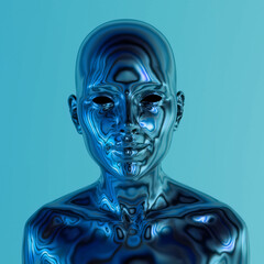 Poster - Robot or Artificial Human made of iridescent plastic material in neon lights. 3d rendering illustration in sci-fi futuristic style.