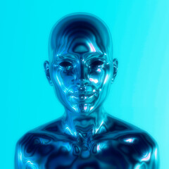 Poster - Robot or Artificial Human made of iridescent plastic material in neon lights. 3d rendering illustration in sci-fi futuristic style.