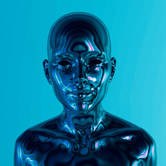 Poster - Robot or Artificial Human made of iridescent plastic material in neon lights. 3d rendering illustration in sci-fi futuristic style.