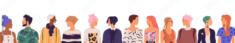 People of younger generation. Crowd of diverse young modern men and women isolated on white background. Friends communicating together standing in a row. Colored flat vector illustration - obrazy, fototapety, plakaty 