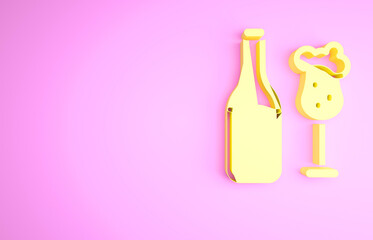 Sticker - Yellow Beer bottle and glass icon isolated on pink background. Alcohol Drink symbol. Minimalism concept. 3d illustration 3D render.