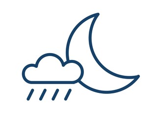 Poster - Simple icon of rainy weather at night time. Half moon and rain cloud with drops. Symbol of precipitation in line art style. Linear flat vector illustration isolated on white background