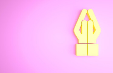 Sticker - Yellow Hands in praying position icon isolated on pink background. Prayer to god with faith and hope. Minimalism concept. 3d illustration 3D render.