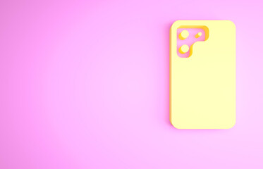 Sticker - Yellow Smartphone, mobile phone icon isolated on pink background. Minimalism concept. 3d illustration 3D render.