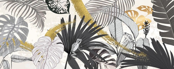luxury tropical palm tree and summer background vector with golden metallic home decorate wall art