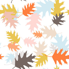 Poster - Vector seamless pattern with realistic oak leaves. Hand drawn nature background in pastel colors. Design for wallpaper, wrapping paper, invitation, seasonal greetings card.