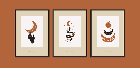 Poster - Set of mystical symbols for spiritual practices. Magical hand holds  crescent moon, snake, phases of moon on background of stars. Trendy minimalist signs for the design of cosmetics, handicrafts.