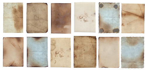 Set of Old various vintage rough paper with scratches and stains texture isolated