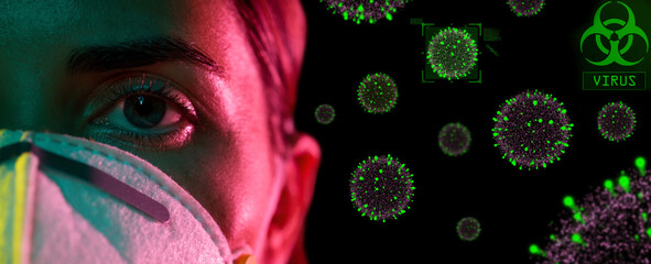 Poster - health, safety and pandemic concept - close up of young woman wearing protective mask or respirator over coronavirus virions on black background