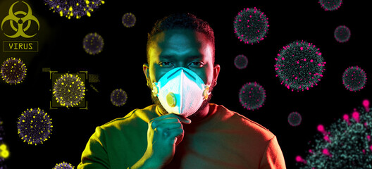 Wall Mural - health, safety and pandemic concept - young african american man wearing protective mask or respirator over coronavirus virions on black background