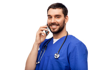 Sticker - healthcare, profession and medicine concept - happy smiling doctor or male nurse in blue uniform with stethoscope calling on smartphone over white background