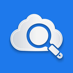 Poster - Paper cut Search cloud computing icon isolated on blue background. Magnifying glass and cloud. Paper art style. Vector.