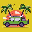 © rupa - Vector Holiday Adventure Car Flat Design Illustration Minimalist Landscape Icon. Holiday Car Summer Illustration