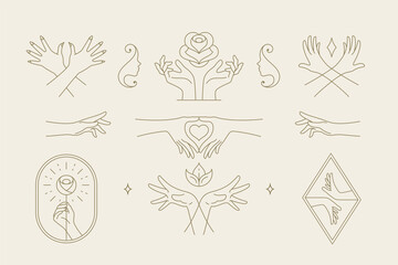 Wall Mural - female hands gestures collection of line art hand drawn style vector illustrations.