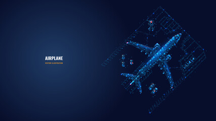 Leinwandbilder - Abstract 3d airplane and cars in hangar. View from the top. Low poly aircraft concept in dark blue. Vector mesh image looks like starry sky. Digital wireframe with dots, lines and glowing particles