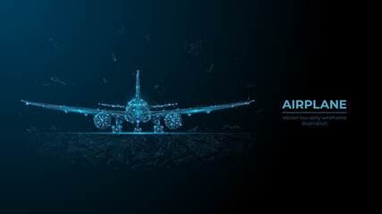 Leinwandbilder -  Abstract 3d airplane in dark blue. Travel, tourism, business, airline transportation concept. Digital vector mesh with dots, lines and flying particles look like debris. Low poly airliner wireframe