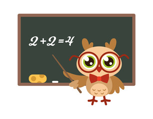 School owl near blackboard. Cute bird with glasses teaching mathematics, funny joyful bird teacher, knowledge and learning mascot, wisdom symbol child print isolated illustration