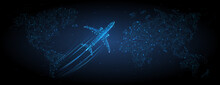 3d Airplane Flying Over Continents And Ocean. Abstract Vector Top View Wireframe. Digital Airliner And World Map Concept In Dark Blue Background. Low Poly Mesh With Dots, Lines And Glowing Stars