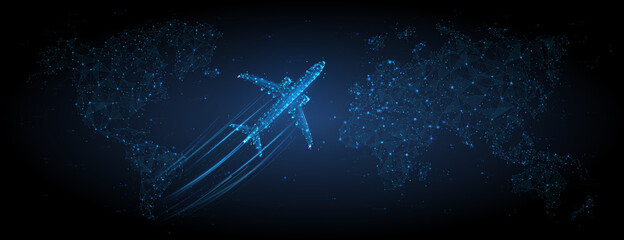 Leinwandbilder - 3d airplane flying over continents and ocean. Abstract vector top view wireframe. Digital airliner and world map concept in dark blue background. Low poly mesh with dots, lines and glowing stars