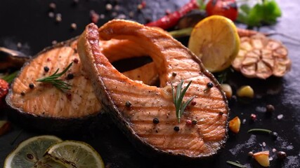 Poster - salmon fish steak with herbs and vegetables on black stone background