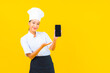 Portrait beautiful young asian chef woman with smart mobile phone