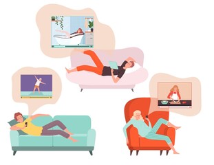 Aufkleber - people watch podcasts. tired man woman relaxed with smartphones and tablets, online video looking ve