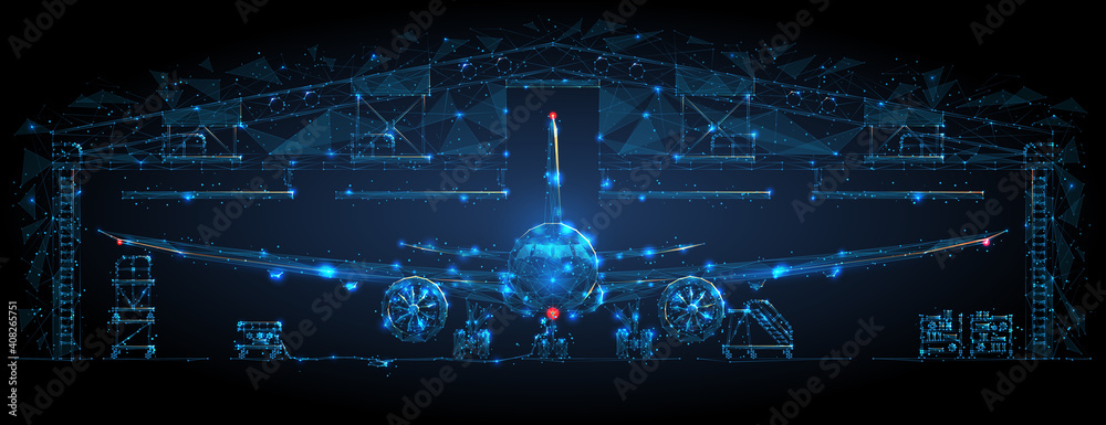 Front view of an airplane in a hangar in dark blue. Airplane maintenance, aircraft repair service concept. Abstract polygonal 3d wireframe looks like a starry sky. Digital vector mesh with lines - obrazy, fototapety, plakaty 