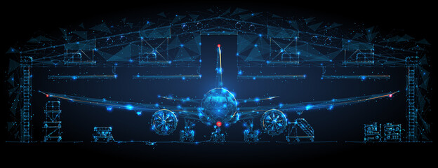 Front view of an airplane in a hangar in dark blue. Airplane maintenance, aircraft repair service concept. Abstract polygonal 3d wireframe looks like a starry sky. Digital vector mesh with lines