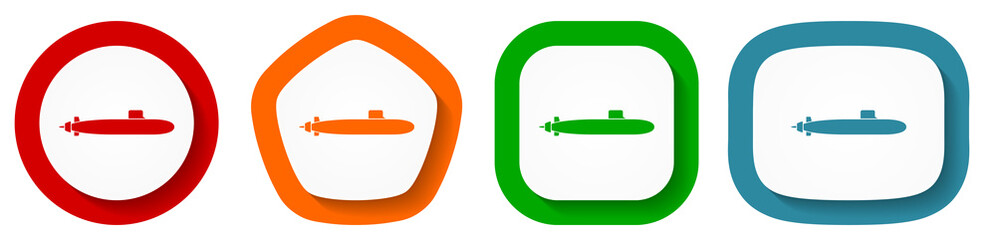 Poster - Submarine, navy, boat, ship, army vector icon set, flat design buttons on white background