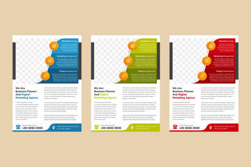 Poster - abstract geometric flyer template for business promotion. Vertical layout combined with blue, red and green on elements. white background with space for photo collage. 