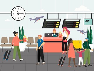 Passengers in airport lounge area concept vector. People in airport terminal waiting for a flight, check-in. Travel by flight illustration