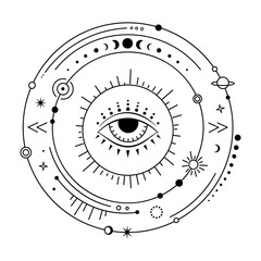 Wall Mural - mystic solar system with evil eye, planets, orbit, star, moon phases. celestial design elements in b
