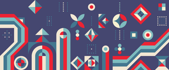 Abstract background geometric design. Graphic pattern digital horizontal banner. Mosaic ornament layout. Creative graphic collage. Future technology concept poster. Vector illustration.