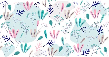  Vector pattern drawn floral print. Seamless background, cute pattern. Plants, flowers, berries, leaves. Natural vibrant design for fashion, fabric, wallpaper.
