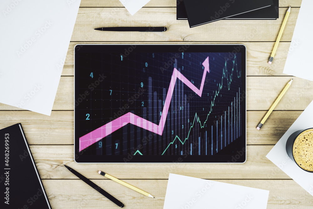 Modern digital tablet monitor with abstract creative financial chart ...