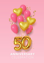 50th Anniversary Celebration Number In The Form Heart Of Golden And Pink Balloons. Realistic 3d Gold Numbers And Sparkling Confetti, Serpentine. Vector