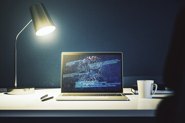 Poster - Creative code skull hologram on modern computer monitor, cybercrime and hacking concept. 3D Rendering