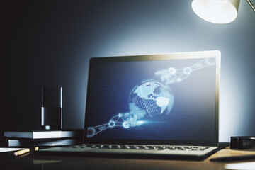 Aufkleber - Modern computer monitor with robotics technology with world map hologram. Research and development software concept. 3D Rendering