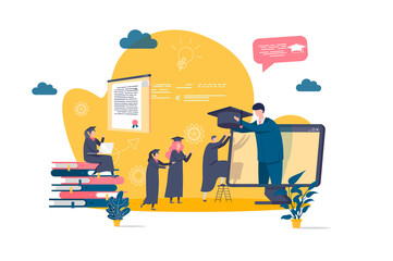 Leinwandbilder - Online education concept in flat style. Graduating student gets diploma online scene. Distance learning service, professional courses banner. Vector illustration with people characters in situation.