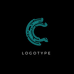 Poster - Cyber letter C for digital technology logo concept. Contour circuit style monogram for artificial intelligence product symbol, robotic system logo and vector type design