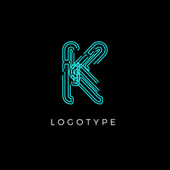 Poster - Cyber letter K for digital technology logo concept. Contour circuit style monogram for artificial intelligence product symbol, robotic system logo and vector type design