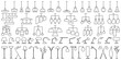 © isuhi - A set of elements for indoor lighting. Suspended ceiling chandeliers, table lamps, floor lamps. Vector icons in outline style isolated on white.