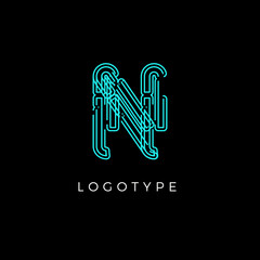 Poster - Cyber letter N for digital technology logo concept. Contour circuit style monogram for artificial intelligence product symbol, robotic system logo and vector type design