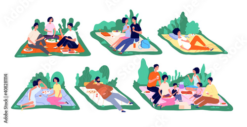 Picnic on nature. Family vacation, picnics spring or summer. People eat lunch in park, friends weekend. Healthy recreation utter vector scenes. Family picnic lunch, spring outdoor holiday illustration