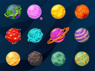 Sticker - cartoon fantasy planets. space planet, slime or jelly satellites in universe. game galaxy objects, f