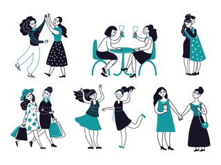 Wall Mural - Female friendship. Girls friends together, women drink wine hugging meeting. Cartoon feminists characters, smiling woman dancing vector. Female friendship with wine, together meeting illustration